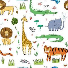 Seamless pattern with cute wild animals, birds and tropical plants. Children's wallpaper design. Vector illustration.