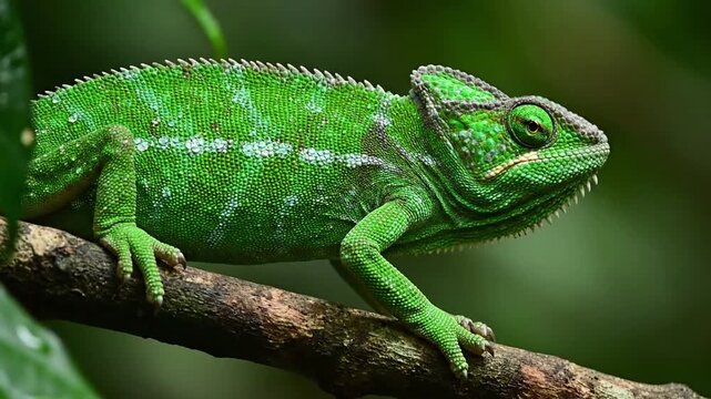 The slow, deliberate movement of the chameleon as it navigates a tree branch, emphasizing its cautious and methodical approach in the wild ecosystem. natural locomotion