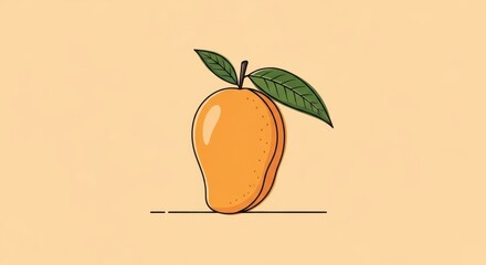 Minimalist mango fruit illustration with leaves and delicate outlining on cream background