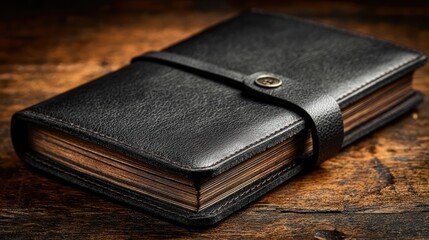 Vintage-Style Black Leather Journal with Strap on Rustic Wooden Surface