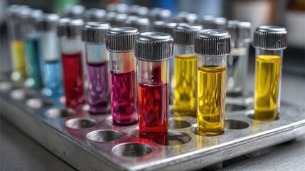 Vivid Laboratory Test Tubes with Colorful Chemical Solutions in Metal Rack