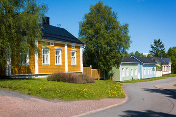 Old wooden building in Pikisaari district of the city of Oulu, Finland