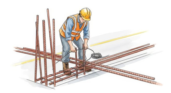 Construction Worker Tying Steel Rebar - A construction worker in safety gear secures steel rebar with tie wire on a building site
