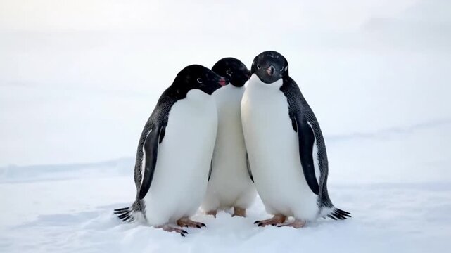 Close up of a penguin's distinctive waddle across a snowy landscape, showcasing its unique locomotion and the texture of its feathers. Low angle shot emphasizing the ground level perspective and?