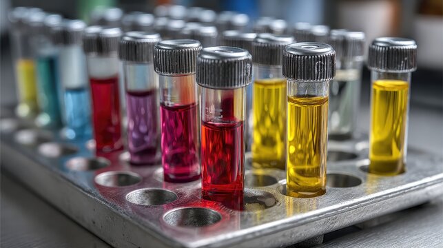 Vivid Laboratory Test Tubes with Colorful Chemical Solutions in Metal Rack