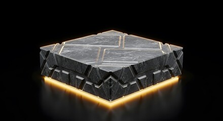 Fototapeta premium Polygonal pedestal stone gray color illuminated with bright yellow light stands on black background studio shot for product display