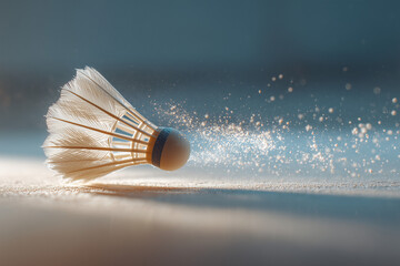 Feathered shuttlecock in motion kicking up glittering particles on a badminton court — dynamic closeup capturing speed, impact and energy