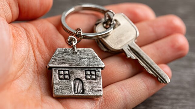 Close-Up of Hand Holding House Keychain and Home Keys in Real Estate Concept