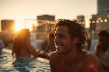 Smiling young man enjoying a rooftop pool party at sunset with warm string lights and city skyline — relaxed summer lifestyle and golden-hour vibes