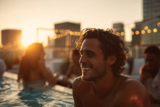 Smiling young man enjoying a rooftop pool party at sunset with warm string lights and city skyline — relaxed summer lifestyle and golden-hour vibes