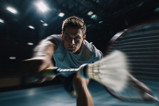 Dynamic Badminton Smash: Intense Male Player Lunges Forward to Return Shuttlecock in Indoor Court, Motion Blur Action Shot