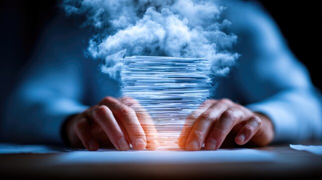 Stack of Documents Transforming into Digital Cloud Above Hands