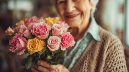 Ai elderly woman smiles while holding a bouquet of colorful roses in a bright flower shop during springtime