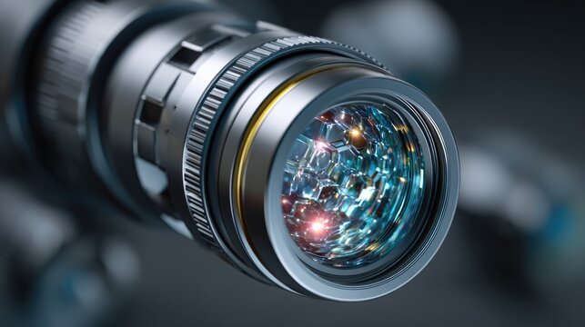 Futuristic Optical Lens with Hexagonal Structure and Blue Light Glow