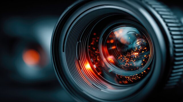 Close-Up Shot of Professional Camera Lens with Red Light Reflections