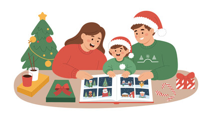 Christmas Memories: A cozy family gathering, seated around a table, engrossed in a festive album, with a Christmas tree and wrapped gifts. a scene brimming with warmth and love.