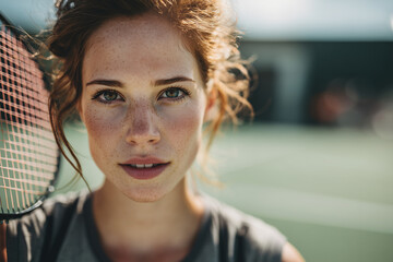 Sunlit close-up portrait of a focused young female tennis player with freckles, holding a racket on an outdoor court, poised and determined