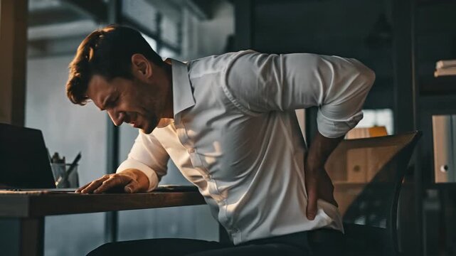 Man in office chair experiencing back pain, highlighting work-related physical discomfort and health issues