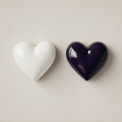 Fototapeta premium Two glossy, heart-shaped objects, one white, one dark purple, on a neutral background