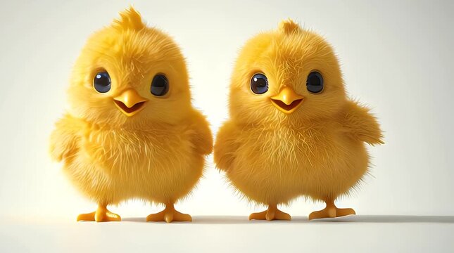 Two fluffy, yellow chicks with big eyes against a plain, white background