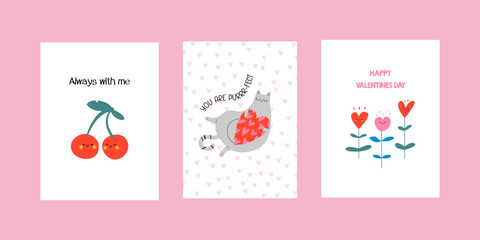 A set of Valentine's Day postcards. Modern doodle-style design Templates for celebrations, advertising, branding, banners, covers, labels, posters, sales