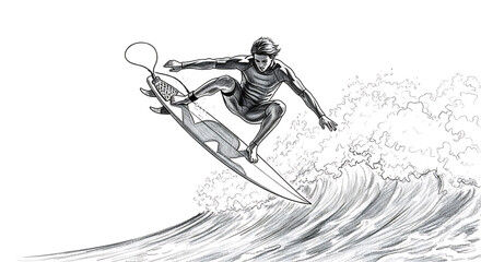 Monochrome action sketch of a surfer riding a wave with dynamic energy and skill depiction