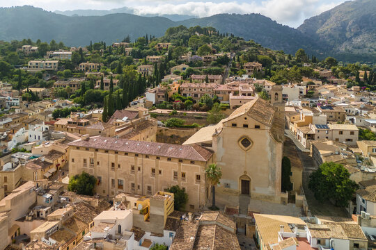 Aerial view of the picturesque town of Pollensa in Mallorca, Spain.