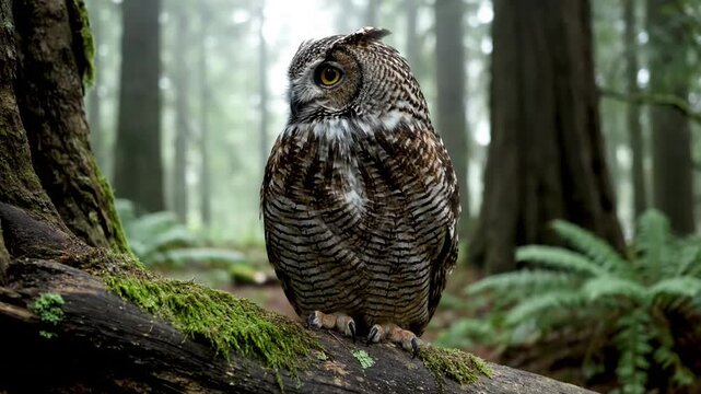 The serene and mysterious atmosphere of a moonlit forest at twilight or dawn, with an owl perched silently on a mossy branch, highlighting the natural beauty of its untamed habitat.