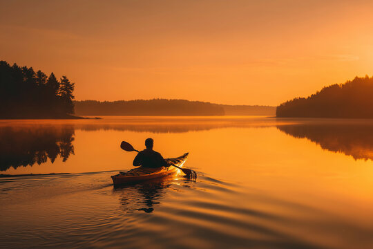 Solitary kayaker gliding across a golden lake at sunrise — serene silhouette, mirror reflections, misty forest horizon and peaceful outdoor adventure