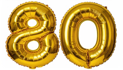 Foil number balloons spelling "80" shimmering golden