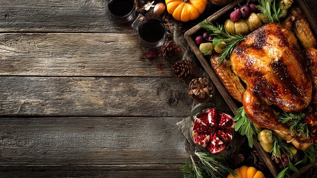 Traditional roasted turkey dinner with pumpkins and wine on a rustic wooden table, a thanksgiving feast - Powered by Adobe