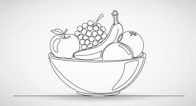 Elegant single line drawing illustration of fruit bowl with banana apple and grapes modern art style
