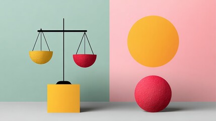 Colorful balance scale with red and yellow bowls, positioned on a geometric pedestal, against a pastel background featuring circular shapes, symbolizing harmony and equilibrium in design