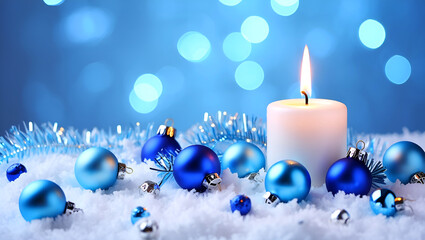 White Glitter Candle with Blue Ornaments and Golden Holiday Bokeh