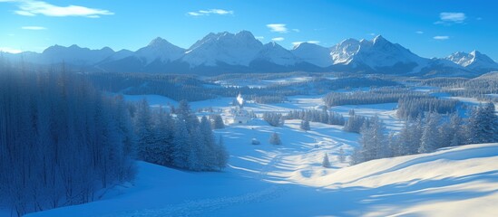 Snowy mountain landscape with frosty pine trees in the foreground and distant blue peaks under a clear winter sky, creating a peaceful nature scene.