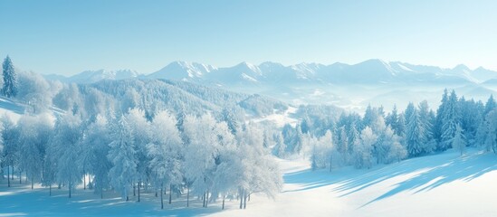 Snowy mountain landscape with frosty pine trees in the foreground and distant blue peaks under a clear winter sky, creating a peaceful nature scene.