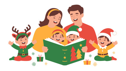 Christmas Story: Family Gathered Around: A heartwarming family scene unfolds as they gather around a book, immersed in a cherished Christmas story, filled with laughter and festive cheer. 