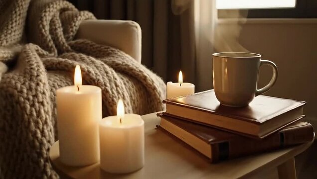 Cozy evening ambiance with candles, books, and a warm drink.