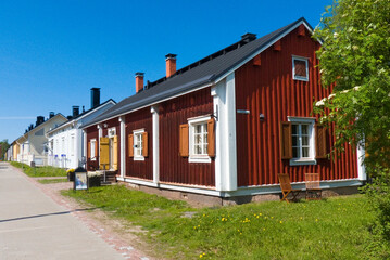 Old wooden building in Pikisaari district of the city of Oulu, Finland