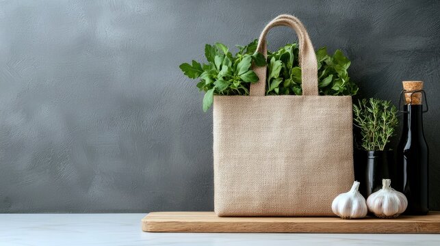 A reusable grocery bag overflowing with fresh green herbs and leafy vegetables sits on a wooden cutting board, accompanied by garlic bulbs and a dark bottle.