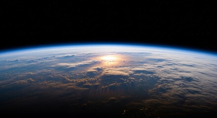 Fototapeta premium Earth From Space At Dawn - View of Earth from space. Highlighting atmospheric colors, curvature, clouds, and the rising sun. Symbolizing fragility, perspective, exploration, hope, and beauty