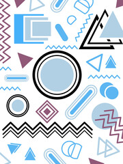 Abstract Geometric Shapes Pattern With Circles Triangles Rectangles And Lines In Blue Purple And Black