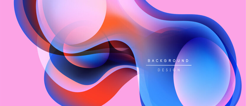 Abstract fluid shapes overlap, creating vibrant color gradients. Pink background complements blue, red hues. Modern design element.