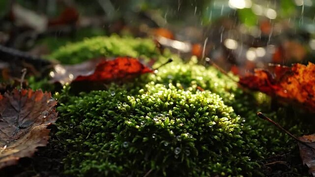 Immersive view into the micro landscape of decomposing organic matter, revealing the delicate structures and vibrant hues of a thriving woodland ecosystem.