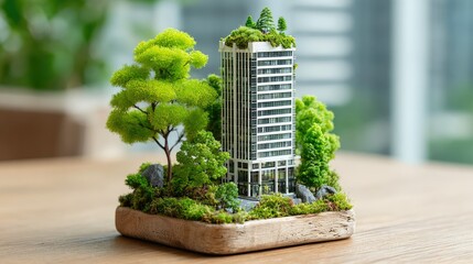 Eco Miniature Tall Building Surrounded by Lush Green Trees