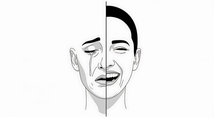 Split Face Depicting Extreme Emotions of Sadness and Joy.