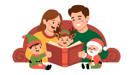 Festive Family Reading: A warm and inviting illustration captures a family's cozy holiday moment as they gather to read a festive book, the children adorned in costumes.