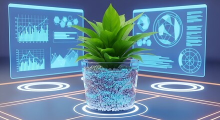 Green plant in futuristic pot with technology displays representing growth