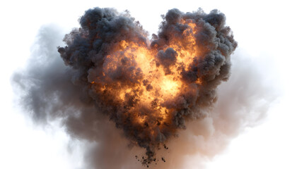 A fiery heart surrounded by a thick cloud of smoke, isolated on a white background