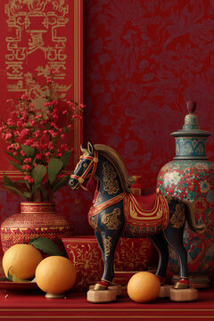 Chinese Still Life combining oranges, ornate horse sculpture and antique vases for Fire Horse Chinese New Year 2026 decor